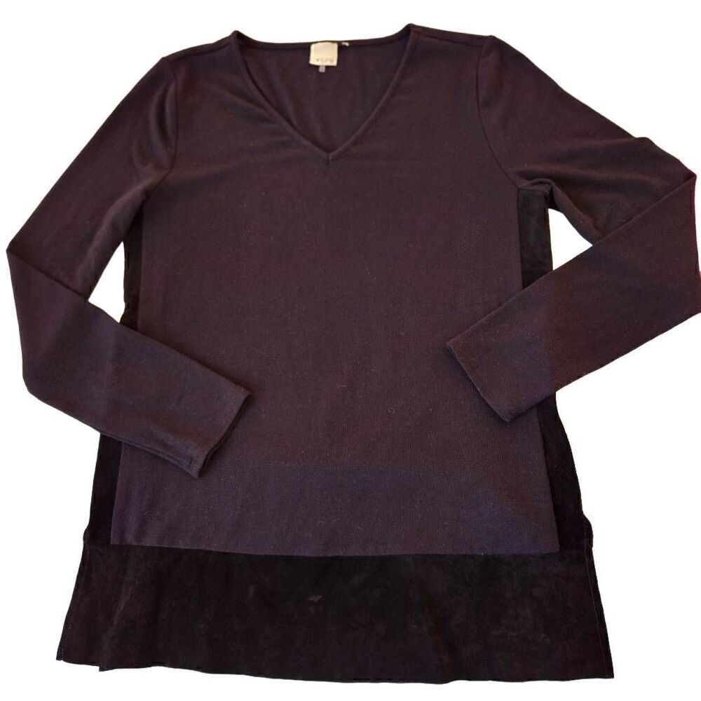 Ecru Womens Long Sleeve Leather Suede Trim Tunic Top Black Medium